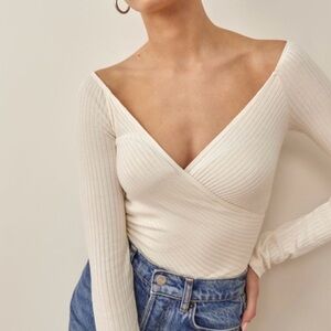 Reformation Cream Ribbed Wrap Style Open V Neck Back Fitted Sexy Top Small S